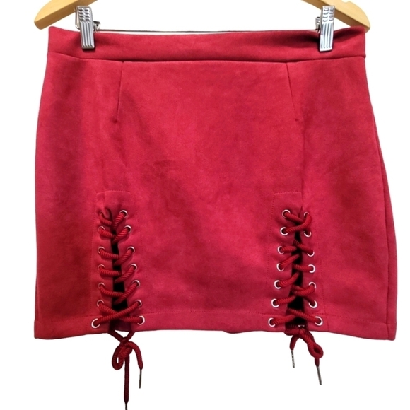 XL Cotton Blend Burgundy Mini Skirt with Lace Up Sides Stretchy - Picture 1 of 6